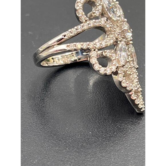 Designer Signed Sterling Silver 925 Filigree Marquise and Pave CZ Ring Sz 8.5 - Picture 4 of 11